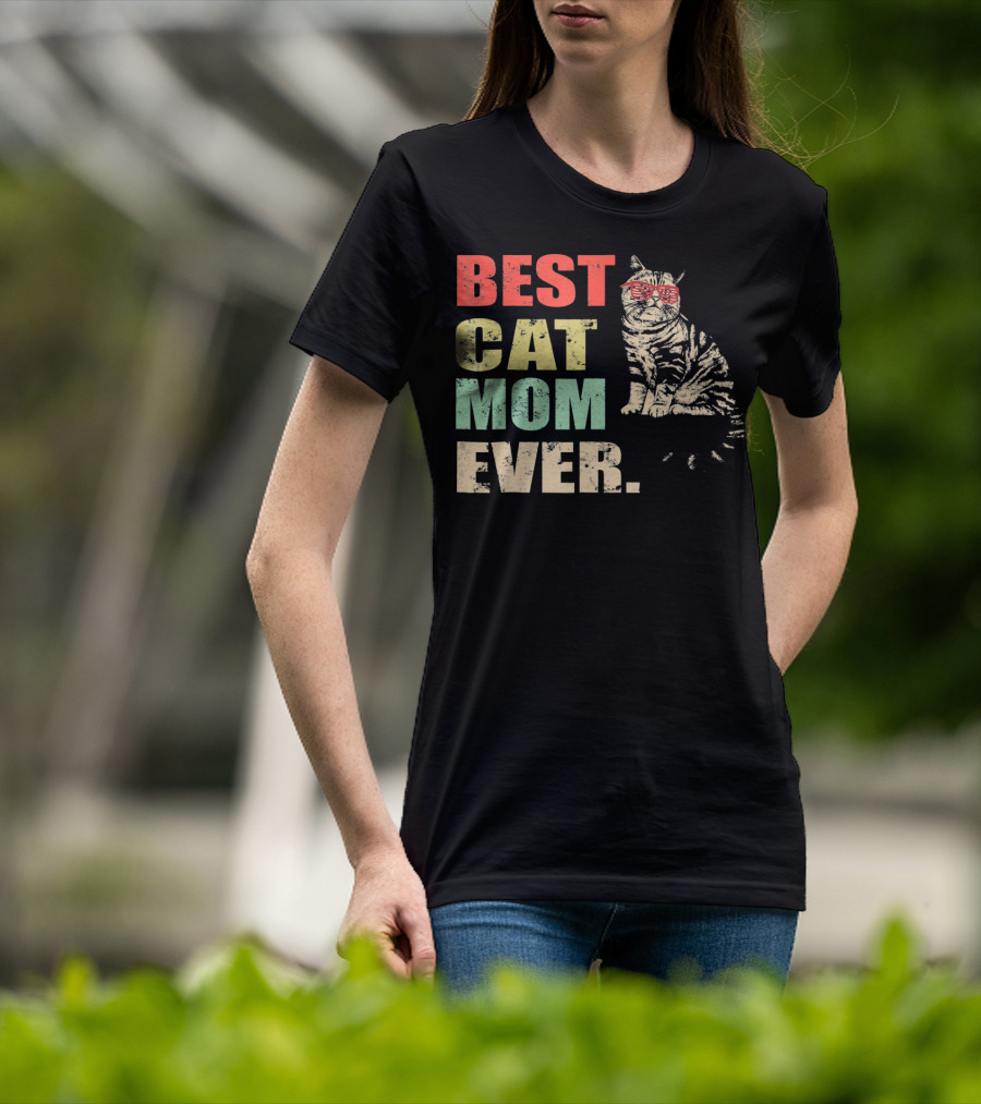 Best Cat Mom Ever Retro Cool Cat Design Matching Family T-Shirt