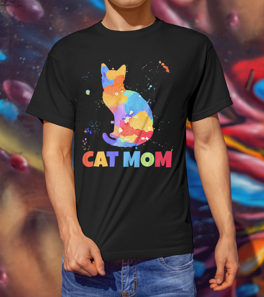 CAT MOM Colorful Watercolor Silhouette With Splash T-Shirt