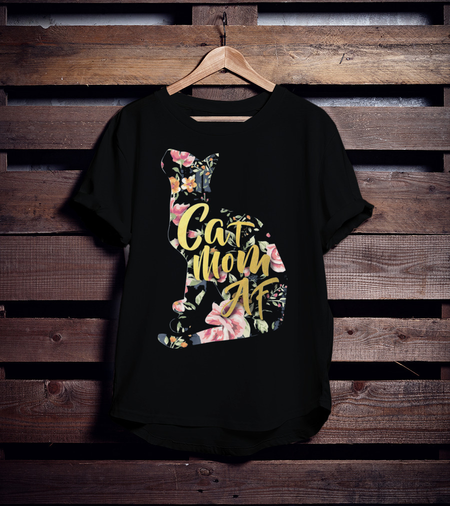 Cat Mom AF Floral Pattern Cat Shape T-Shirt