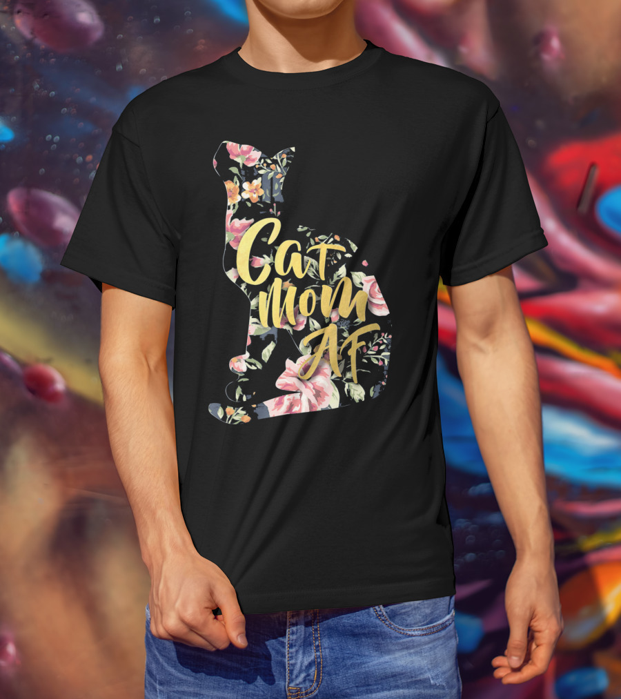 Cat Mom AF Floral Pattern Cat Shape T-Shirt
