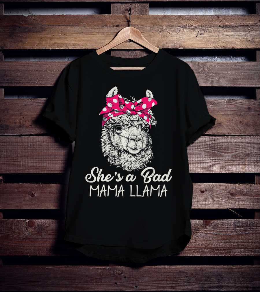 She's A Bad Mama Llama Retro Illustration With Red Polka Dot Headband T-Shirt