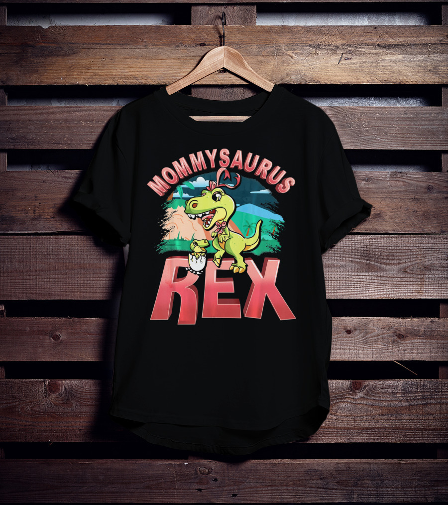 Mommysaurus Rex Dinosaur With Baby Egg In Prehistoric Landscape T-Shirt