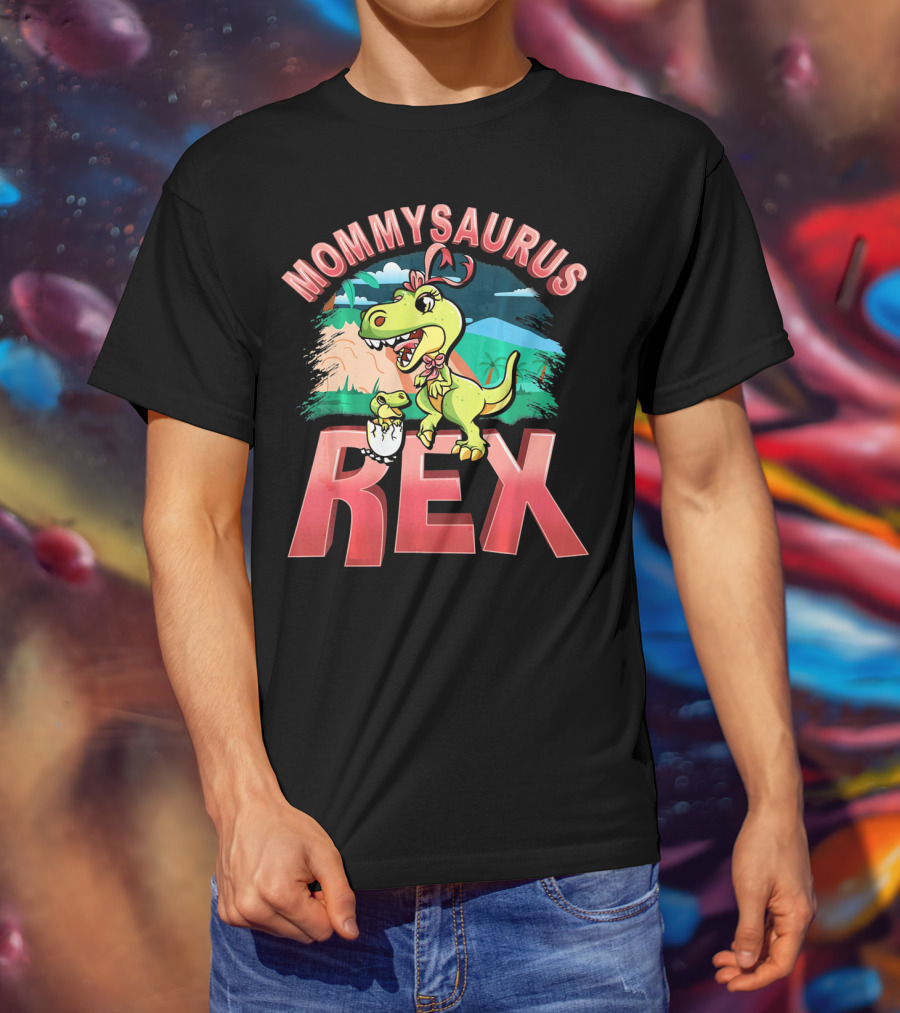Mommysaurus Rex Dinosaur With Baby Egg In Prehistoric Landscape T-Shirt