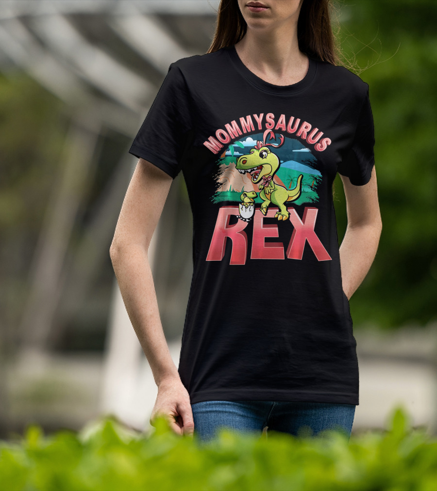 Mommysaurus Rex Dinosaur With Baby Egg In Prehistoric Landscape T-Shirt