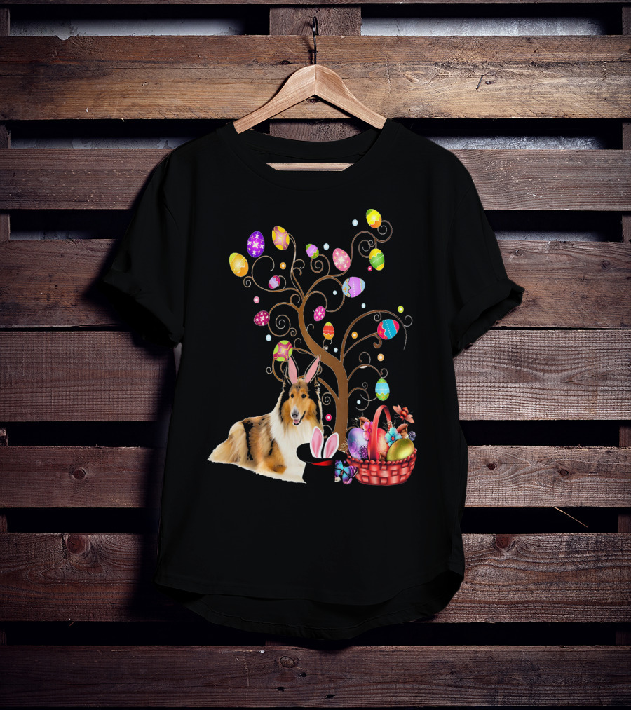 Bunny Rough Collie Easter Day Hunting Eggs Basket Tree T-Shirt