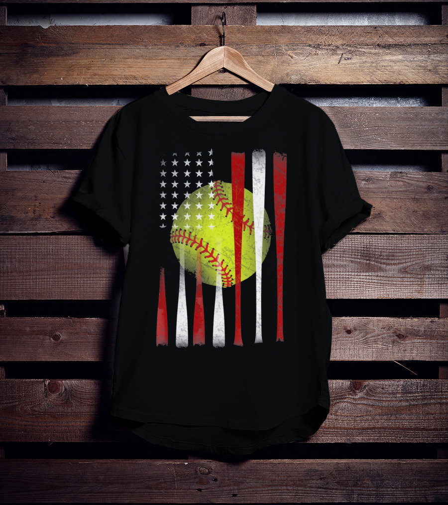 American Flag Vintage Softball Bats Stars Baseball T-Shirt