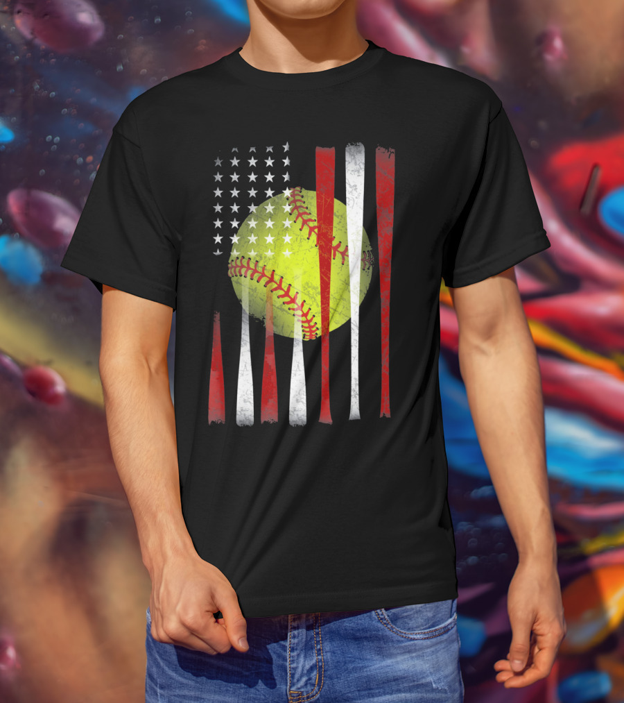 American Flag Vintage Softball Bats Stars Baseball T-Shirt