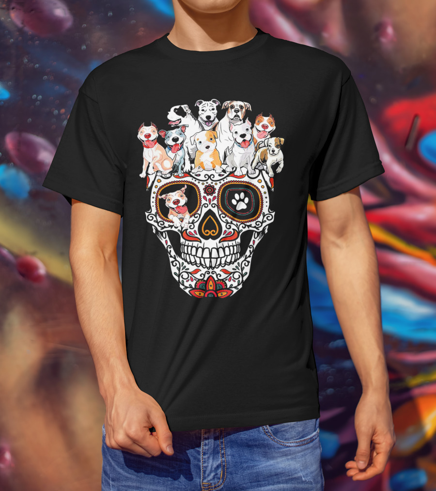 Pitbull Mom Sugar Skull Funny Canine Compilation T-Shirt