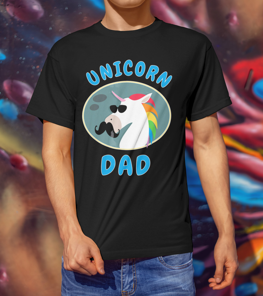 Unicorn Dad Funny Father Rainbow Mustache Sunglasses T-Shirt