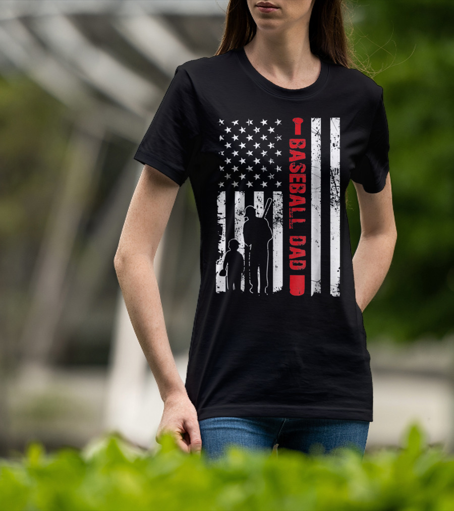 Mens Proud Baseball Dad American Flag Vertical Silhouette And Stars T-Shirt