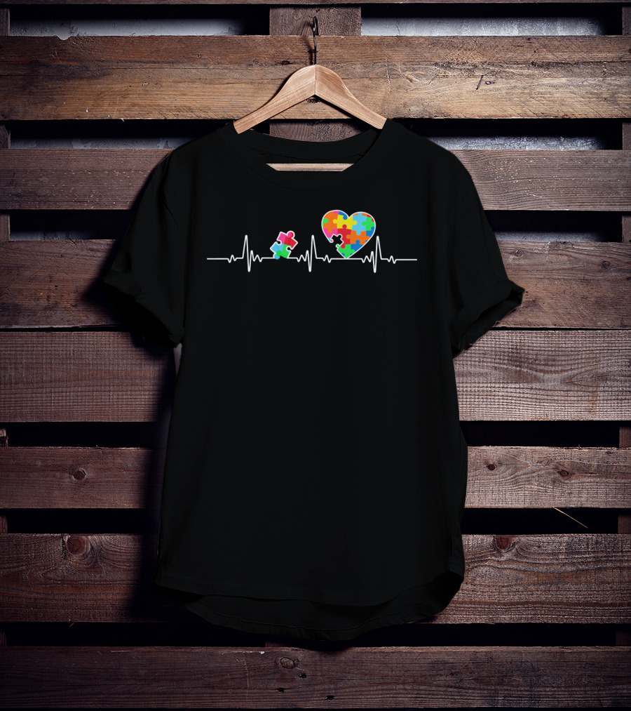 Autism Awareness Puzzle Heartbeat With Colorful Puzzle Heart T-Shirt