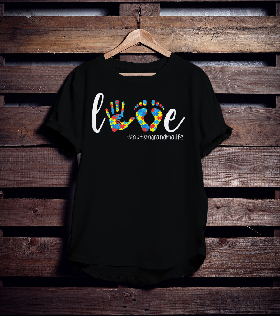 Love Autism Grandma Life Handprint Footprint Puzzle T-Shirt