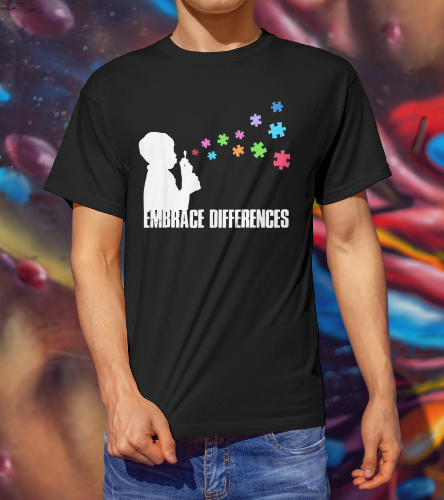 Embrace Differences Support Auti Autism Puzzle Pieces Bubbles T-Shirt
