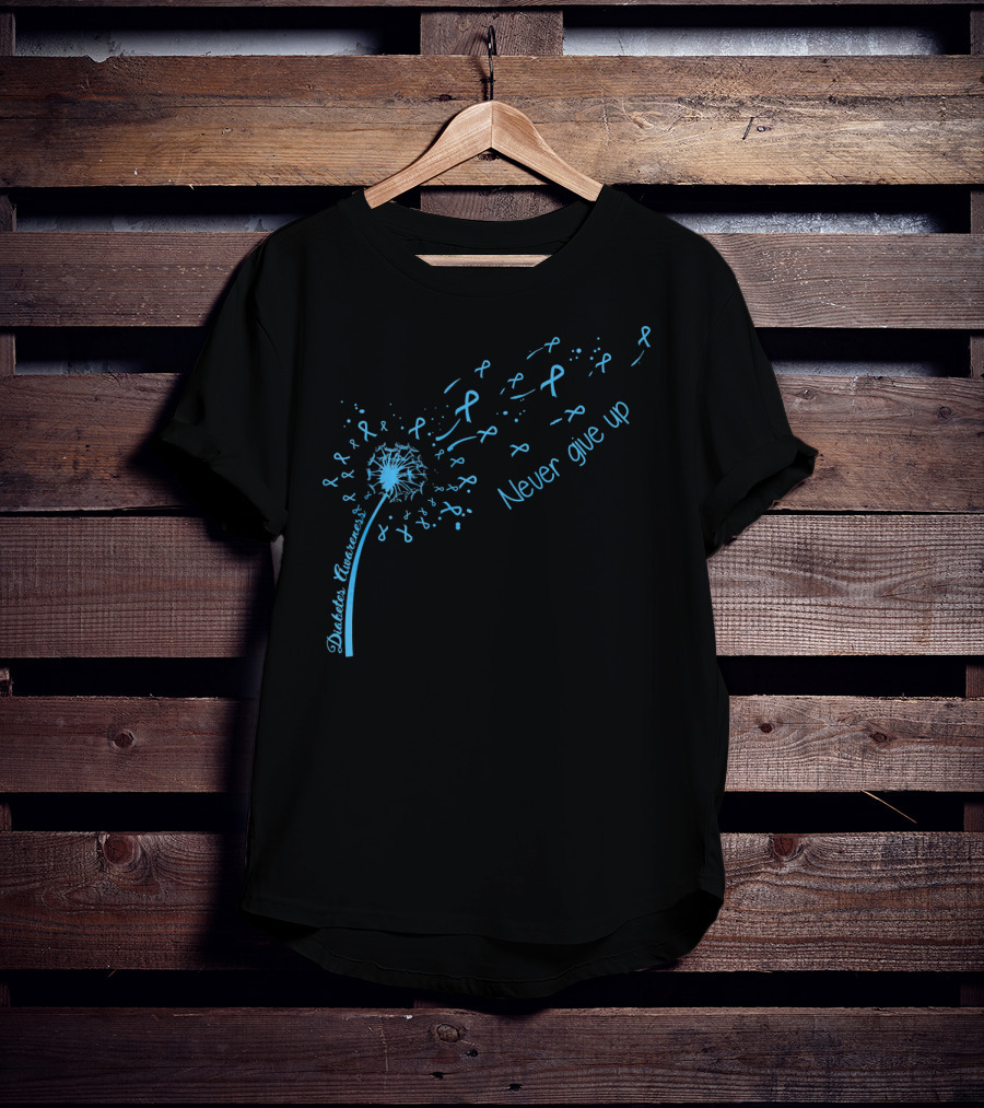 Diabetes Awareness Never Give Up Blue Ribbon Dandelion T-Shirt