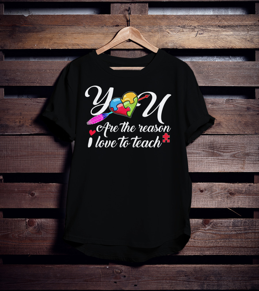 You Are The Reason I Love To Teach Autism Puzzle Heart Arrow Feathers T-Shirt