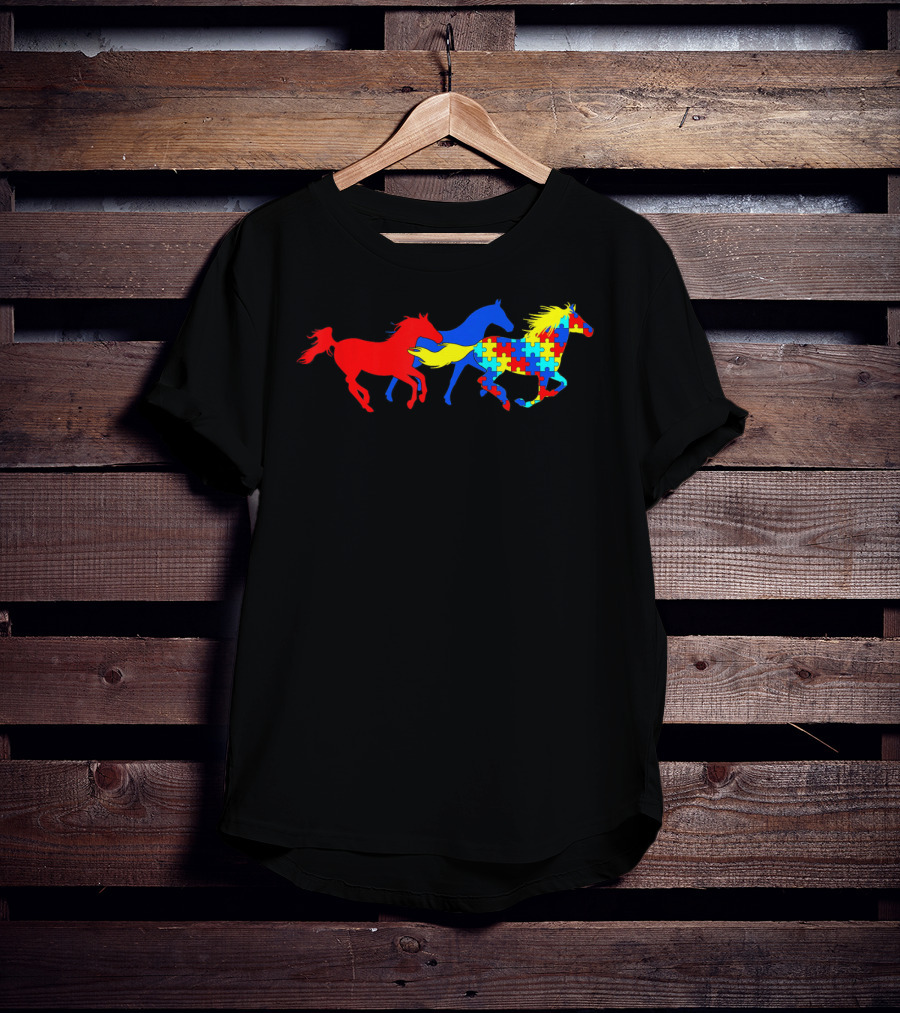 Autism Awareness Colorful Puzzle Horses Running T-Shirt