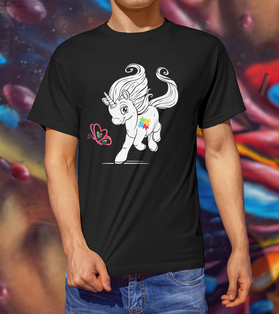 Unicorn Butterfly Autism Puzzle Awareness T-Shirt