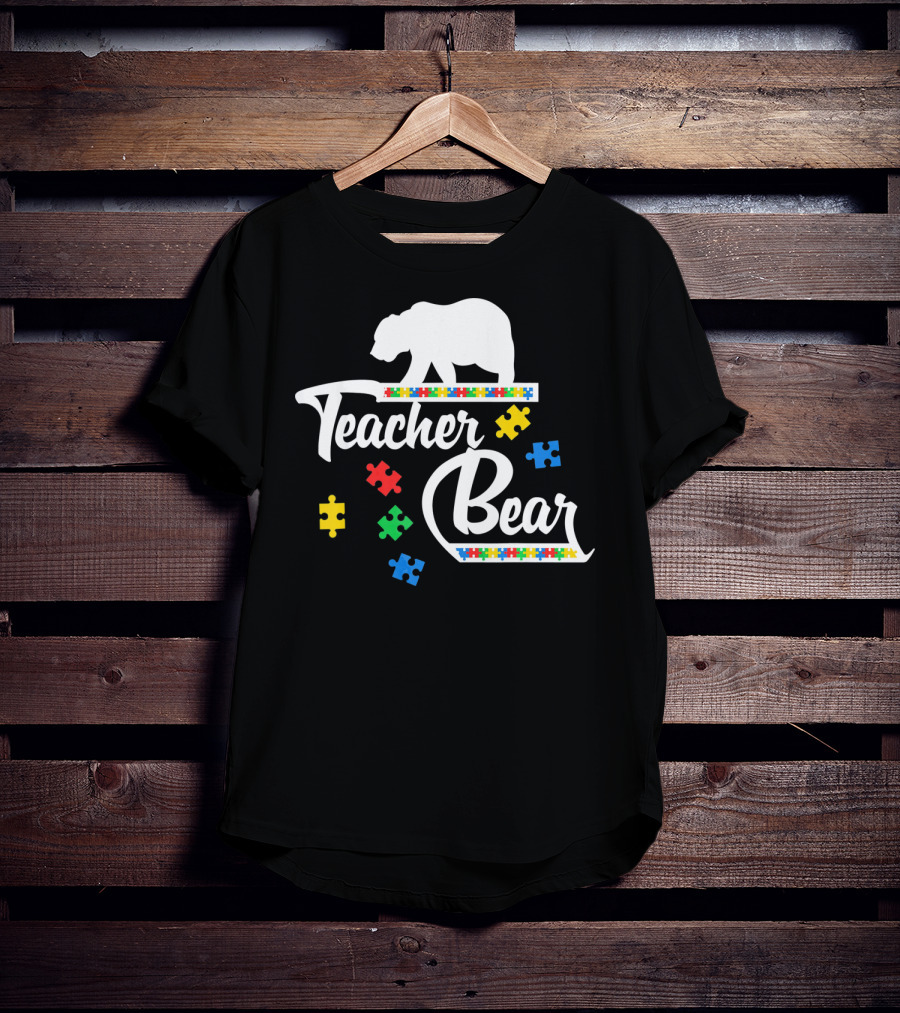Teacher Bear Autism Awareness Puzzle Pieces T-Shirt