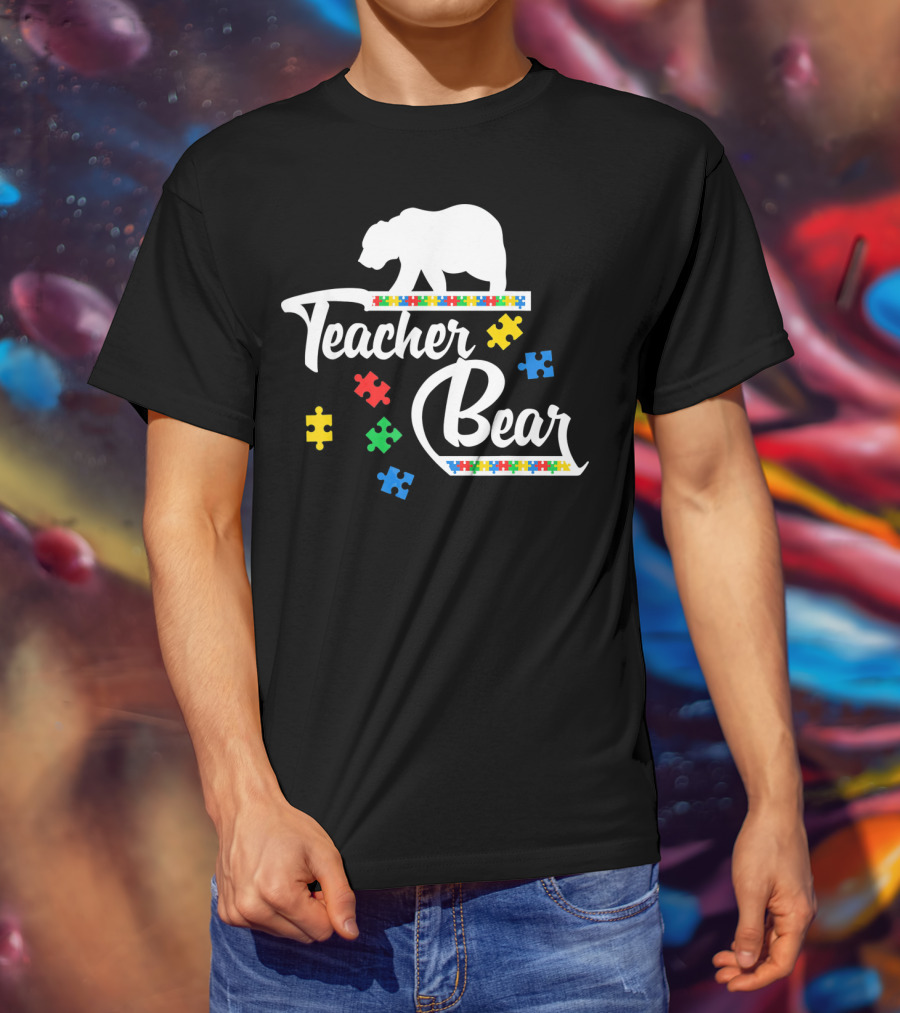 Teacher Bear Autism Awareness Puzzle Pieces T-Shirt