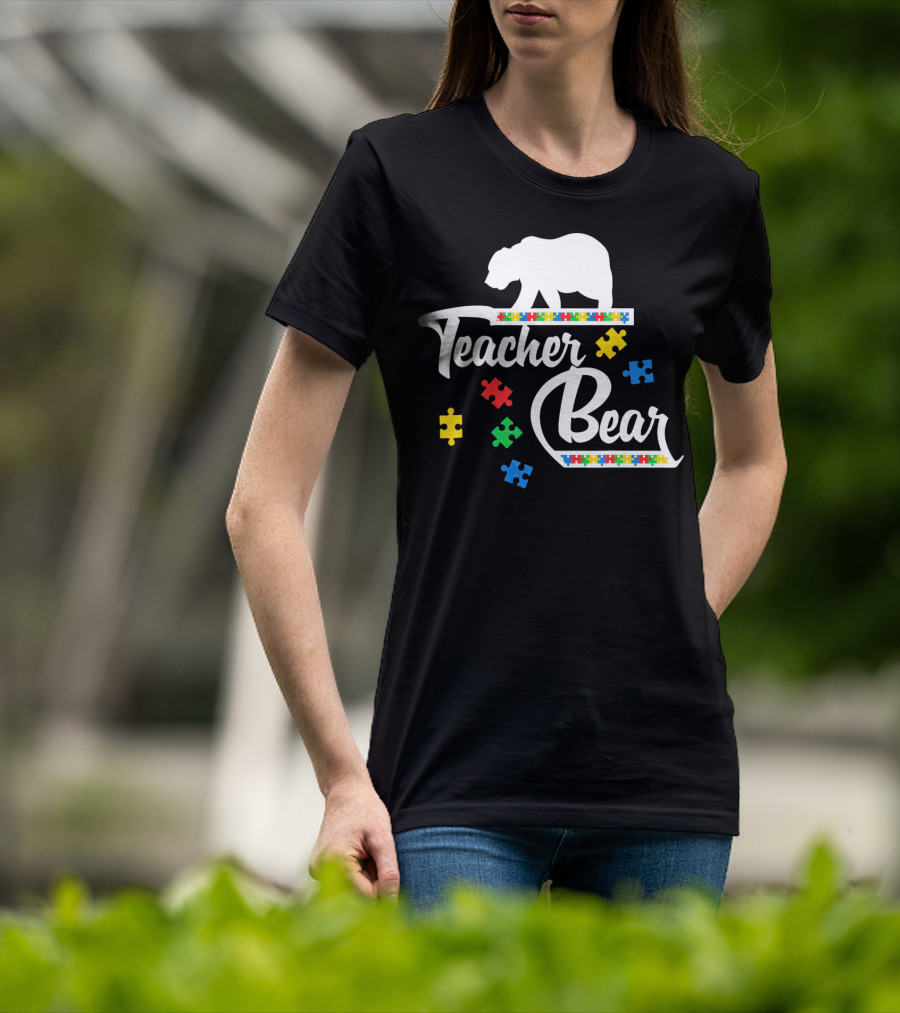 Teacher Bear Autism Awareness Puzzle Pieces T-Shirt