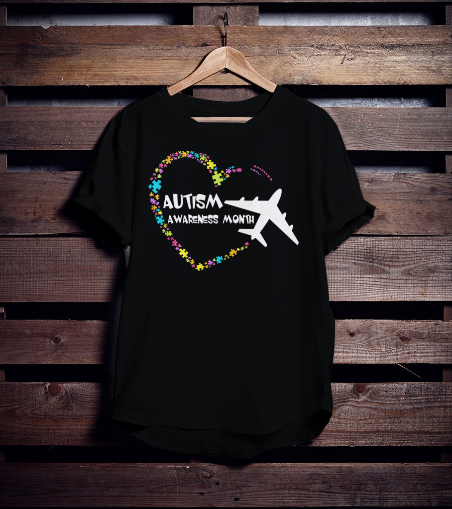 Autism Awareness Month Heart Puzzle With Airplane T-Shirt