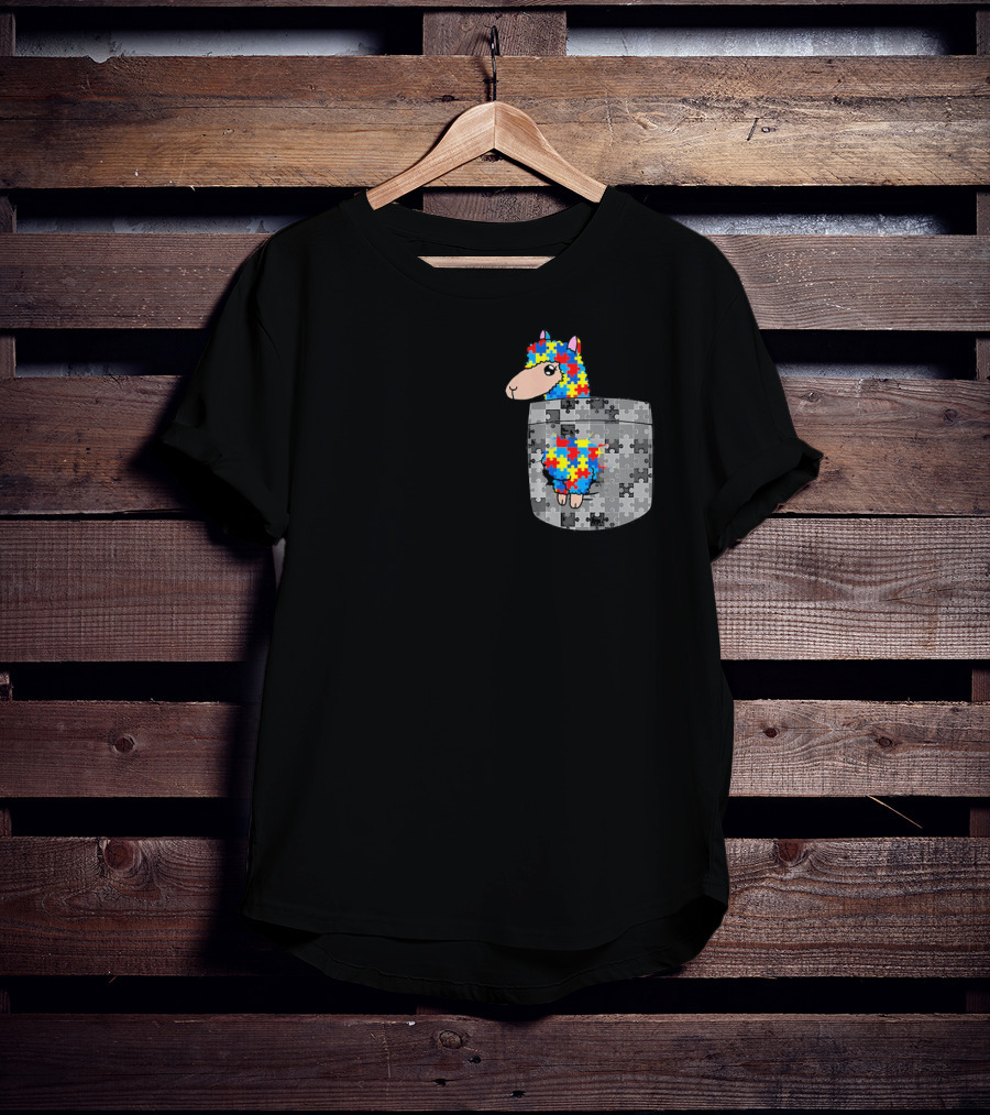 Funny Puzzle Pocket Llama Autism Awareness T-Shirt