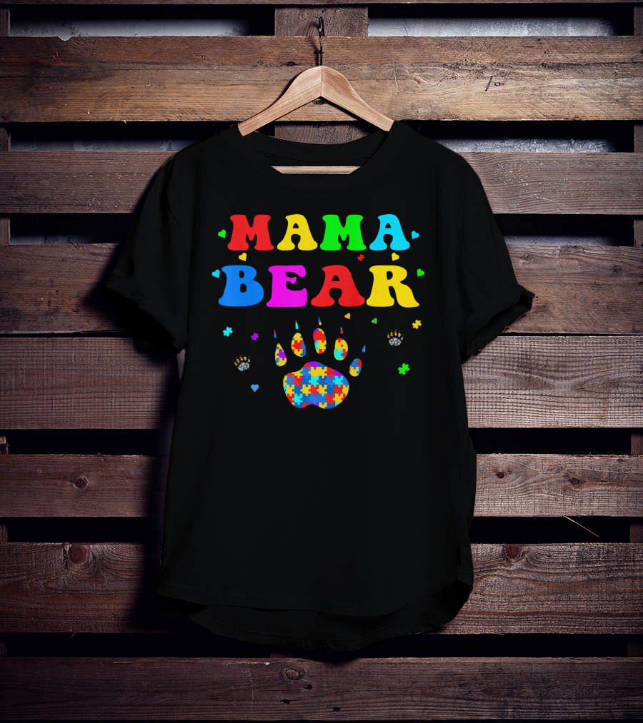 Mama Bear Autism Awareness Paw Puzzle Pieces T-Shirt
