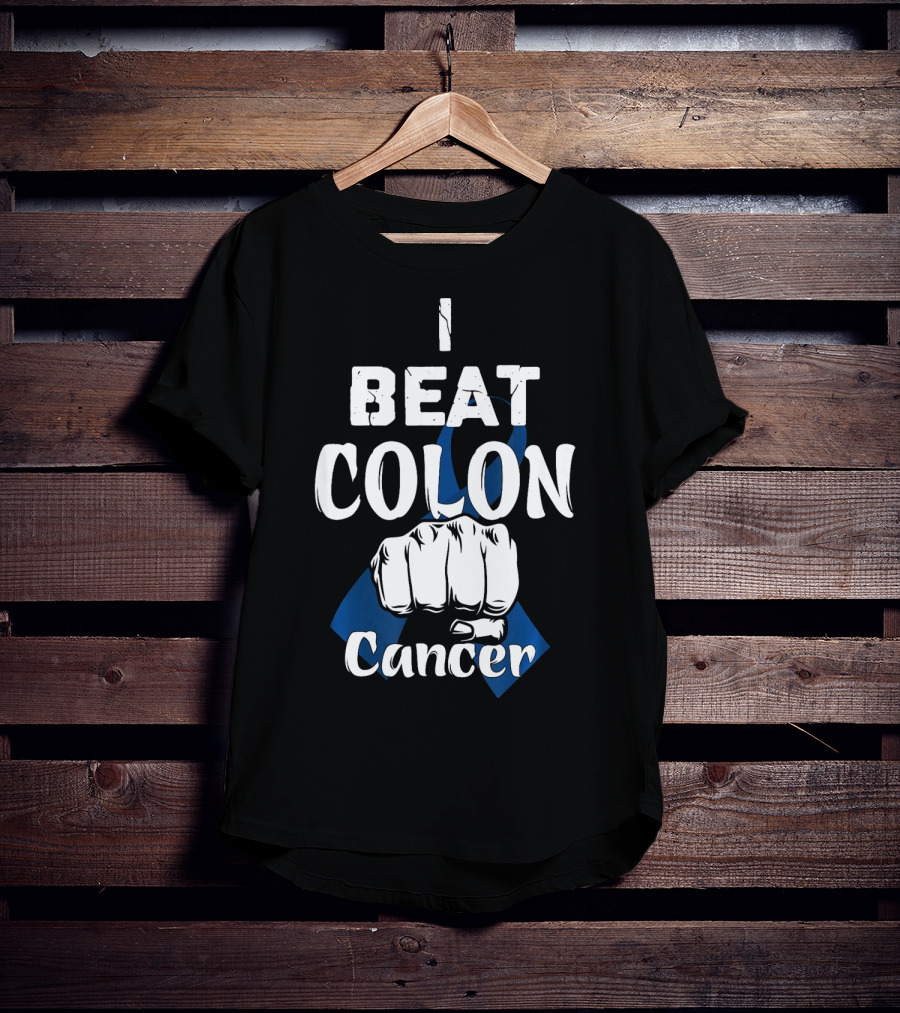 I Beat Colon Cancer Fist Blue T-Shirt