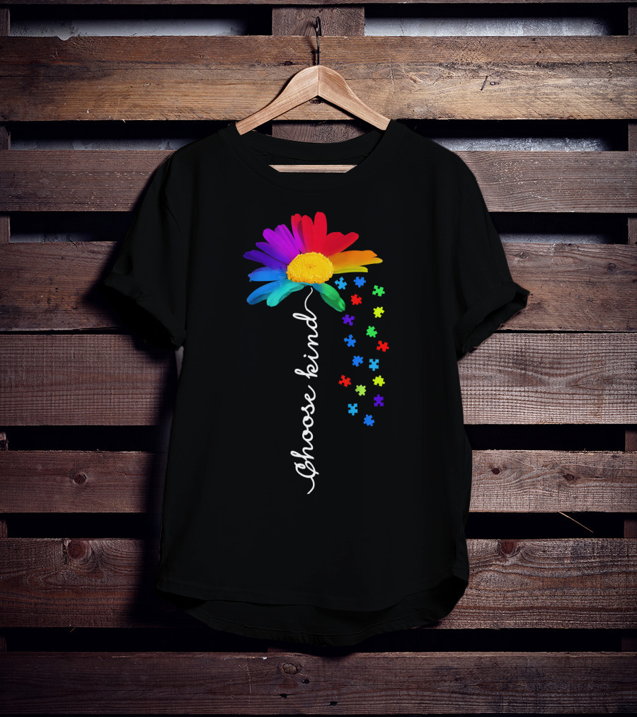 Choose Kind Autism Awareness Rainbow Daisy Puzzle Pieces T-Shirt