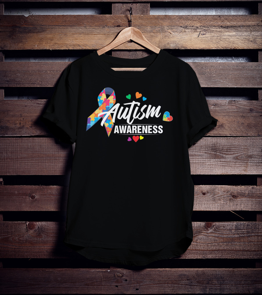 Autism Awareness Puzzle Ribbon Hearts T-Shirt