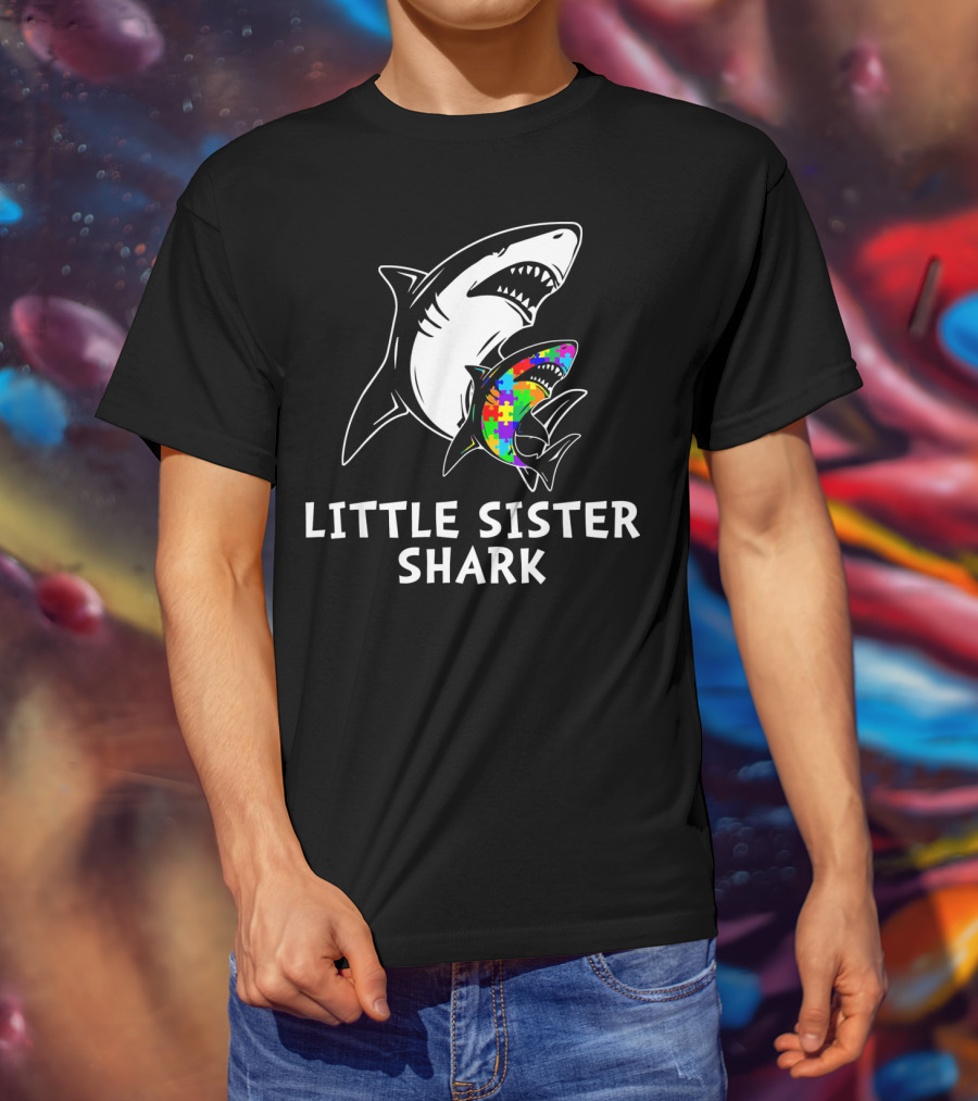 Little Sister Shark Autism Puzzle Awareness T-Shirt