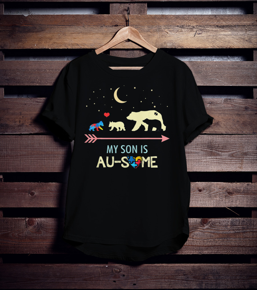 Autism Awareness My Son Is Au-Some Mama Bear And Cubs With Stars And Moon T-Shirt