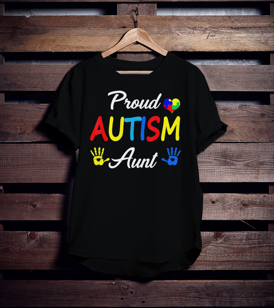 Proud Aunt Autism Awareness Family Handprint Heart Puzzle T-Shirt