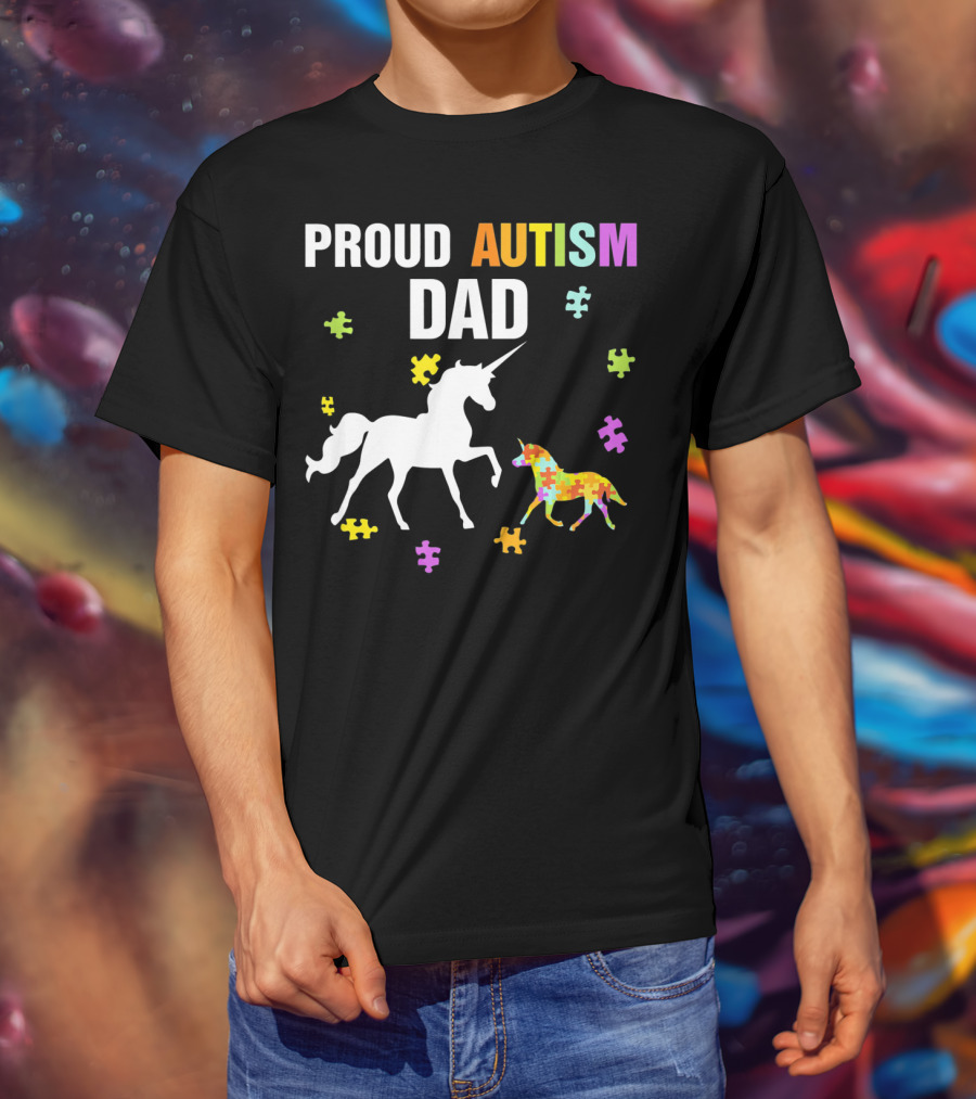 Proud Autism Dad Unicorn Puzzle Autism Awareness T-Shirt
