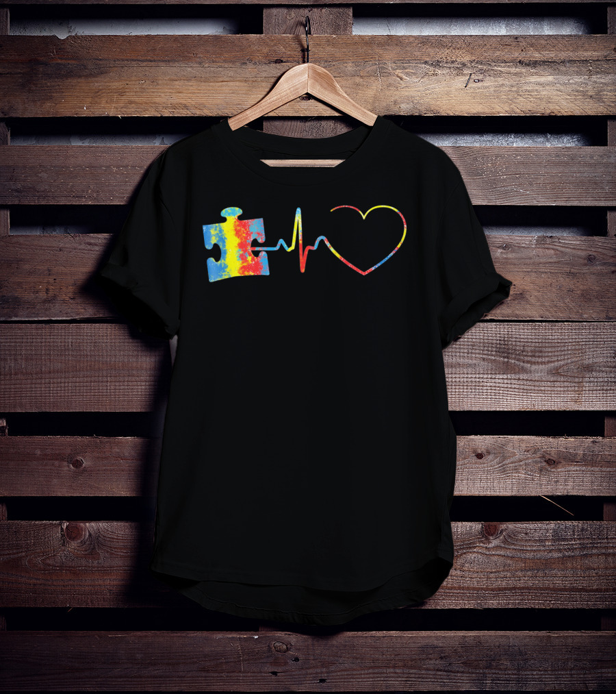 Autism Awareness Puzzle Piece With Colorful Heartbeat Line T-Shirt