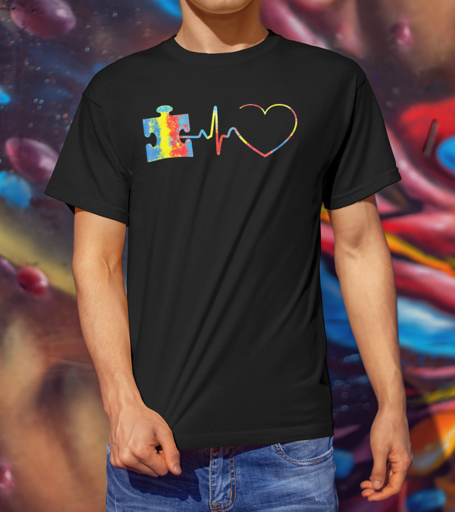 Autism Awareness Puzzle Piece With Colorful Heartbeat Line T-Shirt