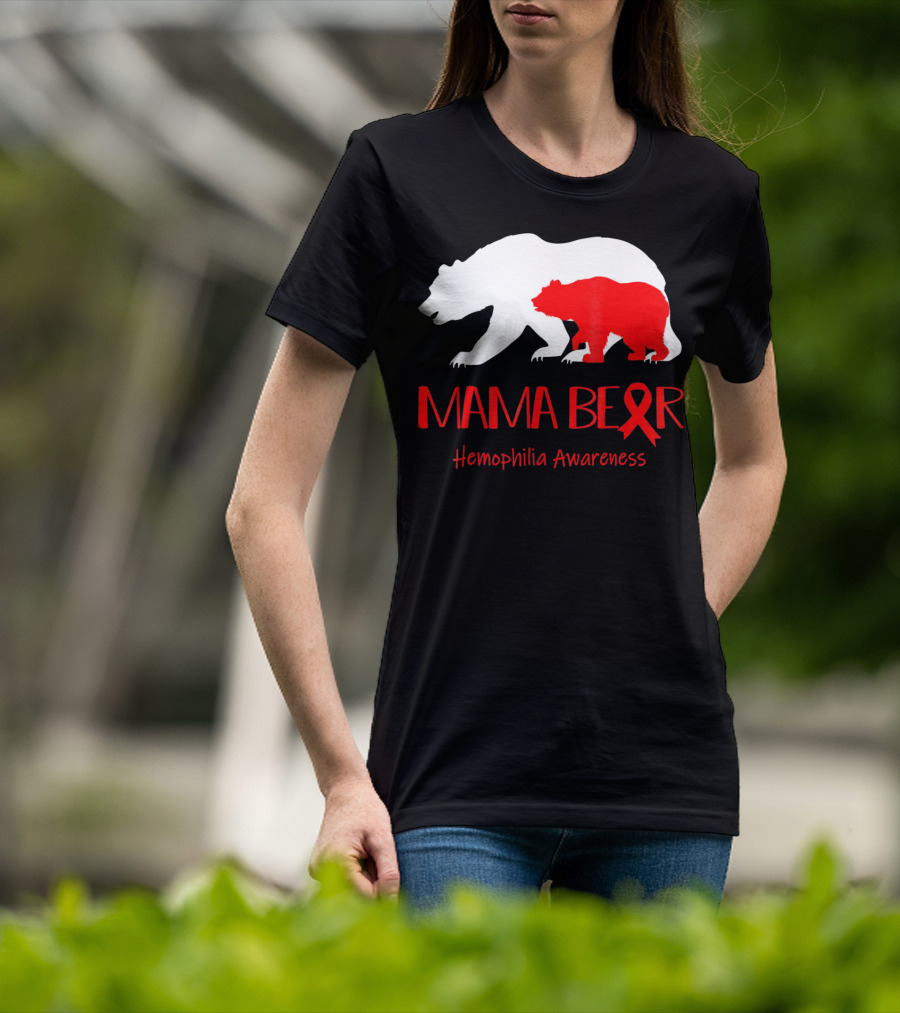 Mama Bear Hemophilia Awareness Red Ribbon Bears T-Shirt