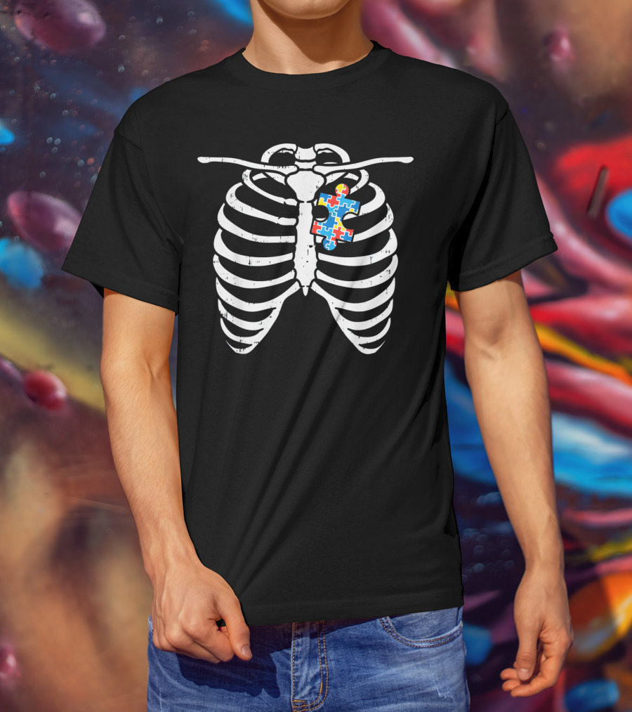 Autism Awareness Puzzle Piece Skeleton Ribcage X-Ray T-Shirt