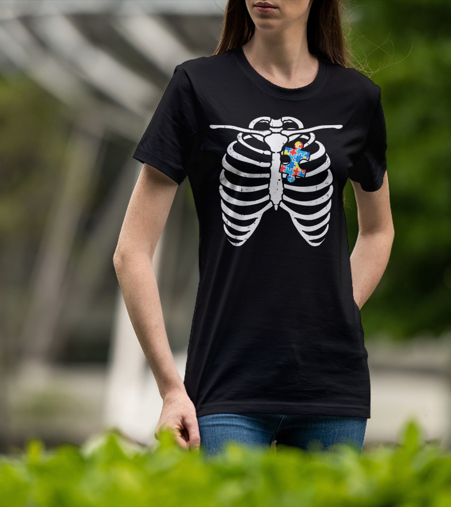Autism Awareness Puzzle Piece Skeleton Ribcage X-Ray T-Shirt