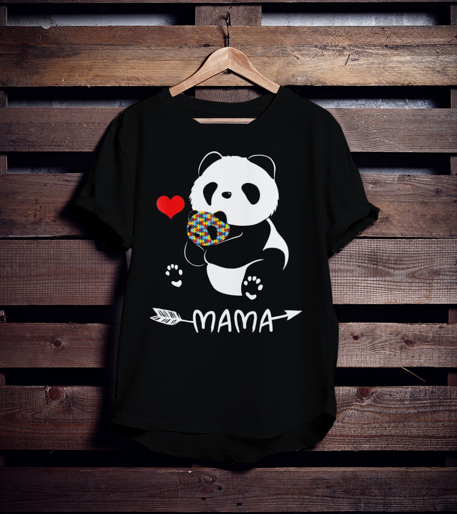 Mama Panda Bear Autism Awareness Heart Puzzle Support T-Shirt