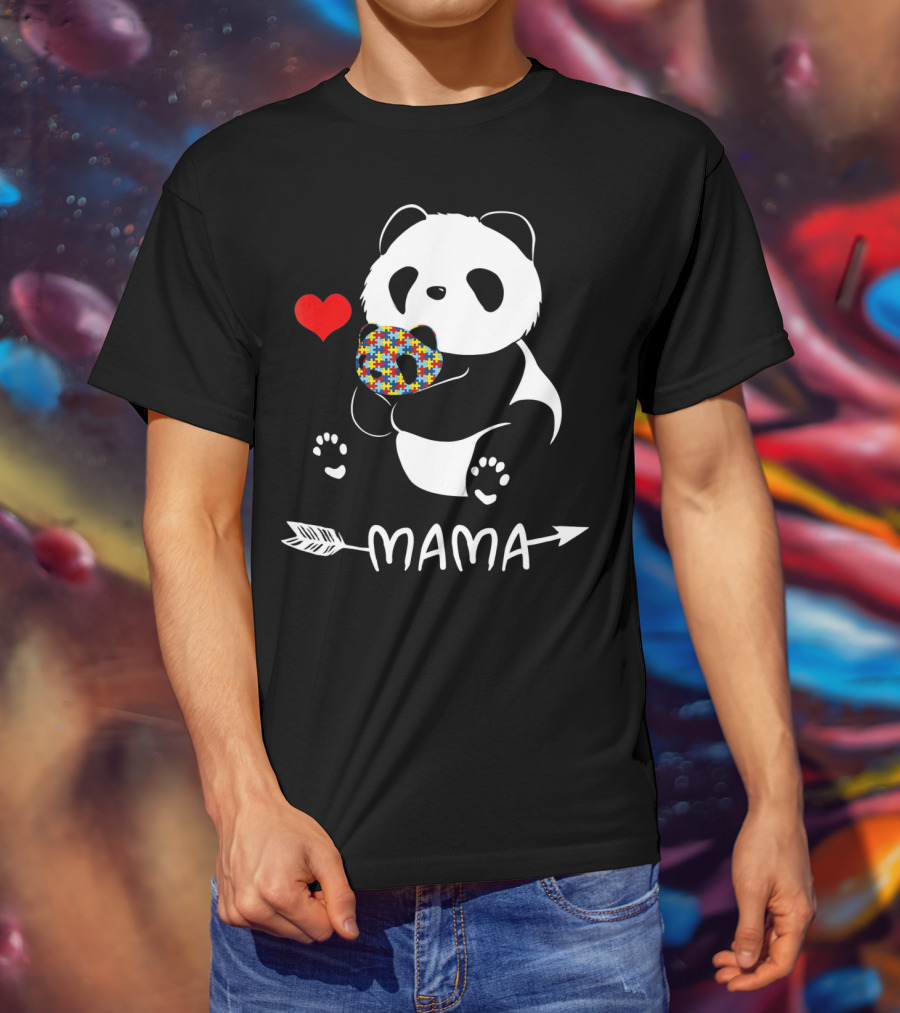 Mama Panda Bear Autism Awareness Heart Puzzle Support T-Shirt