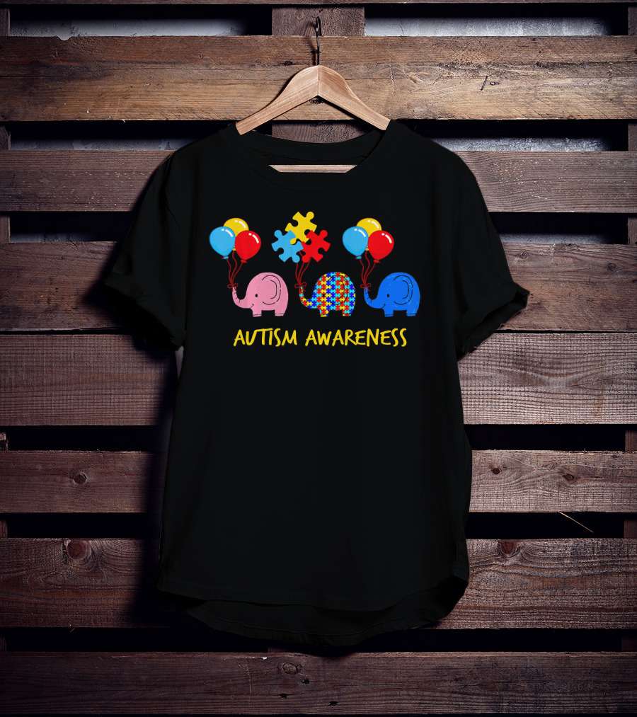 Three Elephants Autism Awareness Balloons Puzzle Pieces T-Shirt