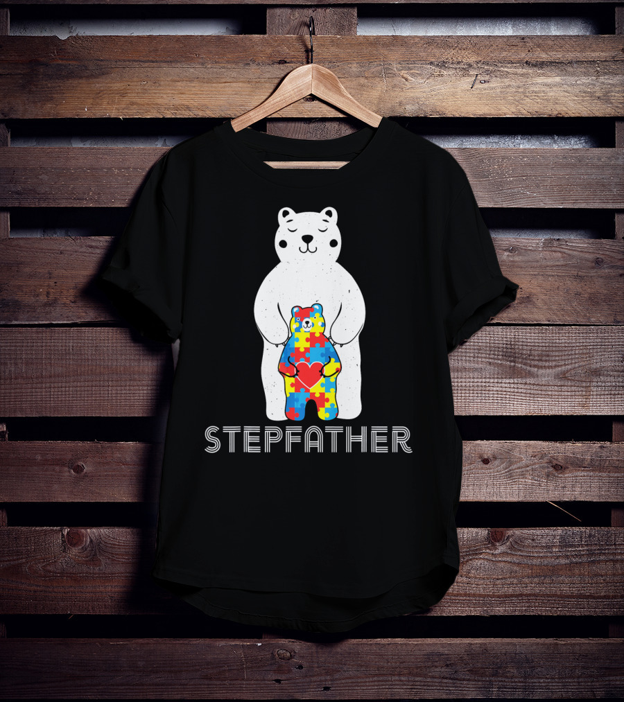 Stepfather Bear With Puzzle Pattern For Autism Awareness T-Shirt