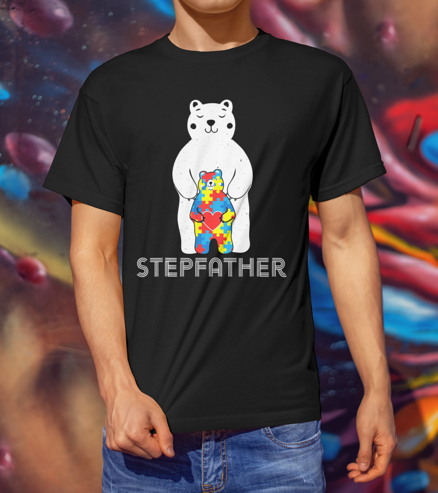 Stepfather Bear With Puzzle Pattern For Autism Awareness T-Shirt
