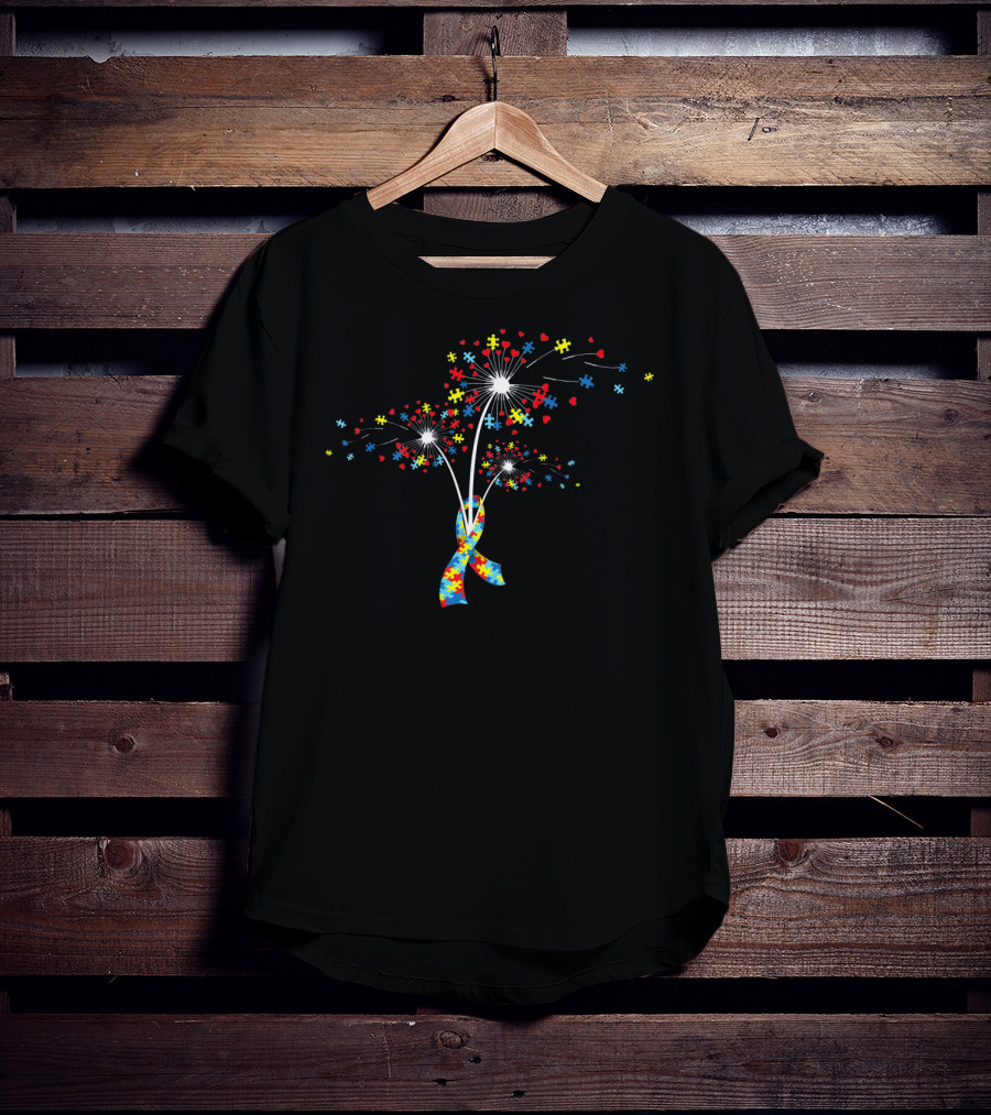 Autism Awareness Puzzle Pieces Ribbon And Flower Burst T-Shirt