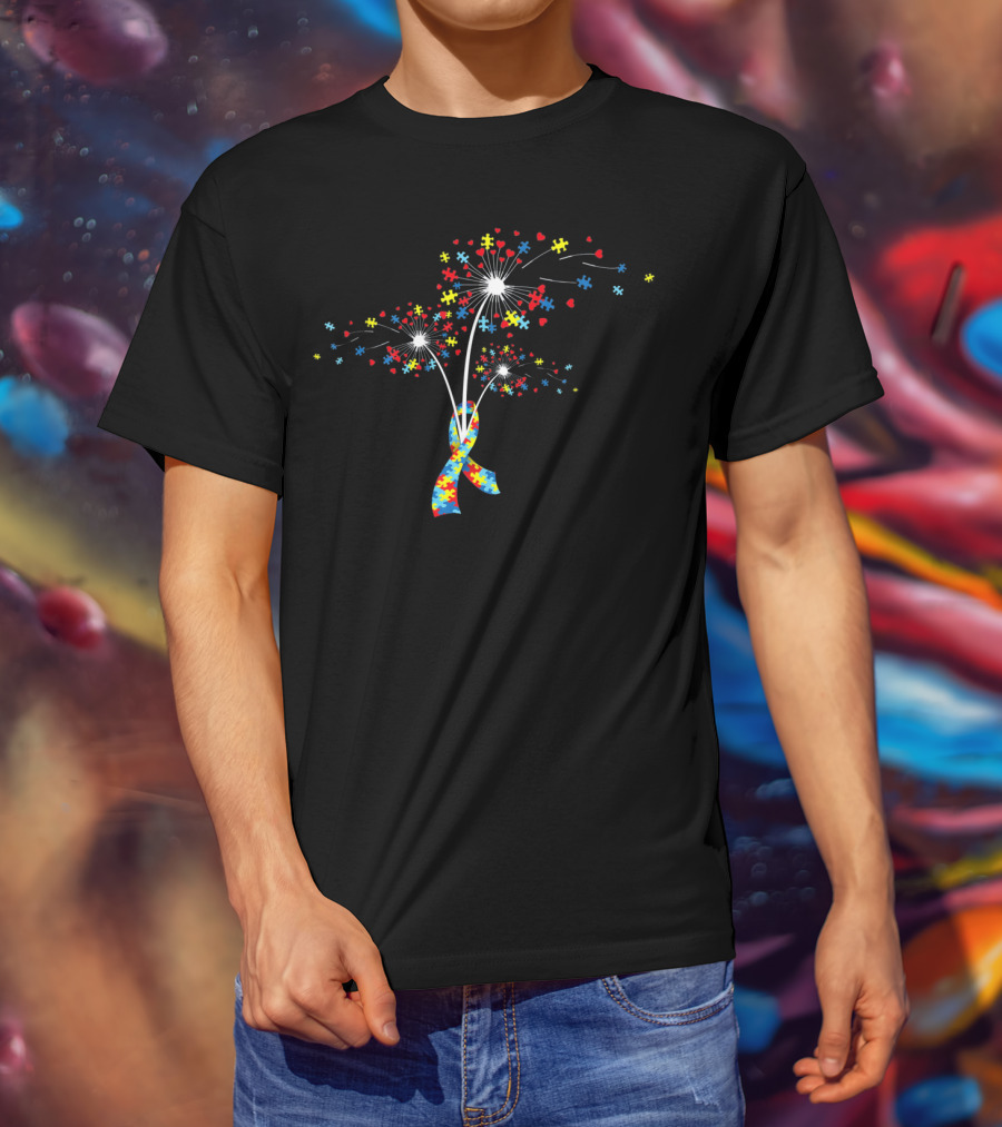 Autism Awareness Puzzle Pieces Ribbon And Flower Burst T-Shirt