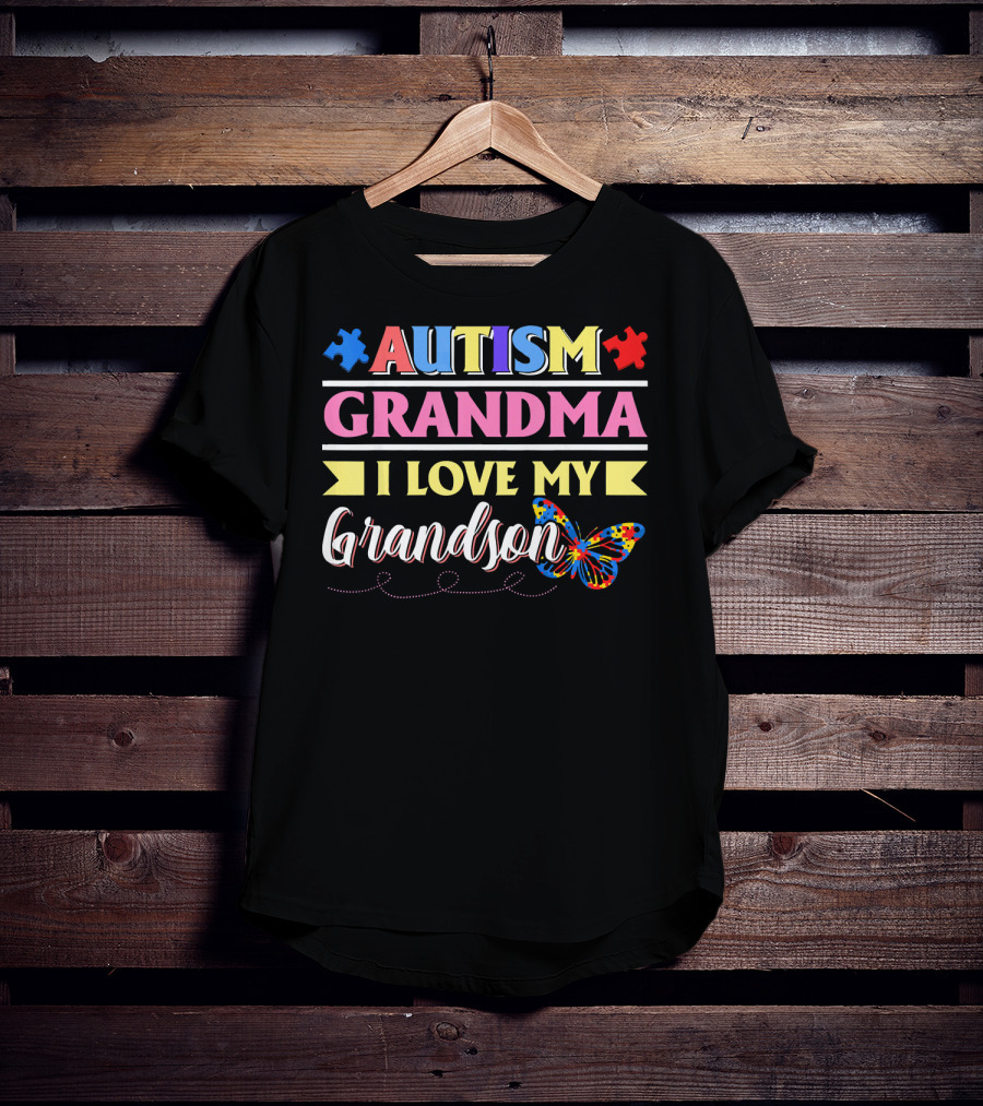 Autism Grandma I Love My Grandson Colorful Puzzle Butterfly T-Shirt