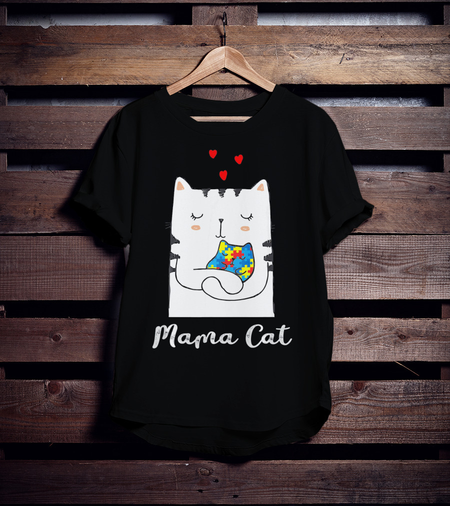 Proud Autism Awareness Mama Cat Hugging Puzzle Piece Hearts T-Shirt