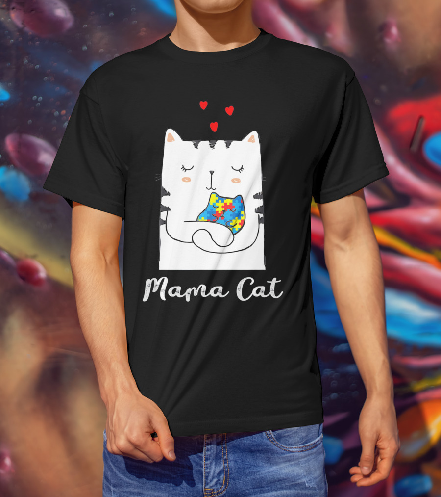 Proud Autism Awareness Mama Cat Hugging Puzzle Piece Hearts T-Shirt