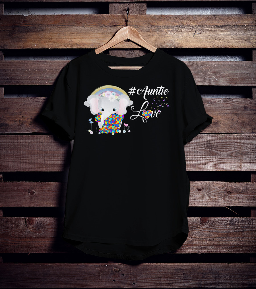Auntie Love Autism Awareness Elephant With Colorful Puzzle Pattern And Rainbow T-Shirt